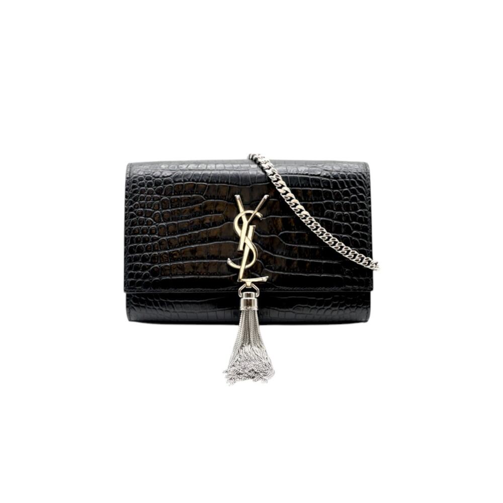 YSL Saint Laurent Calfskin Crocodile Embossed Kate Tassel Bag In Black